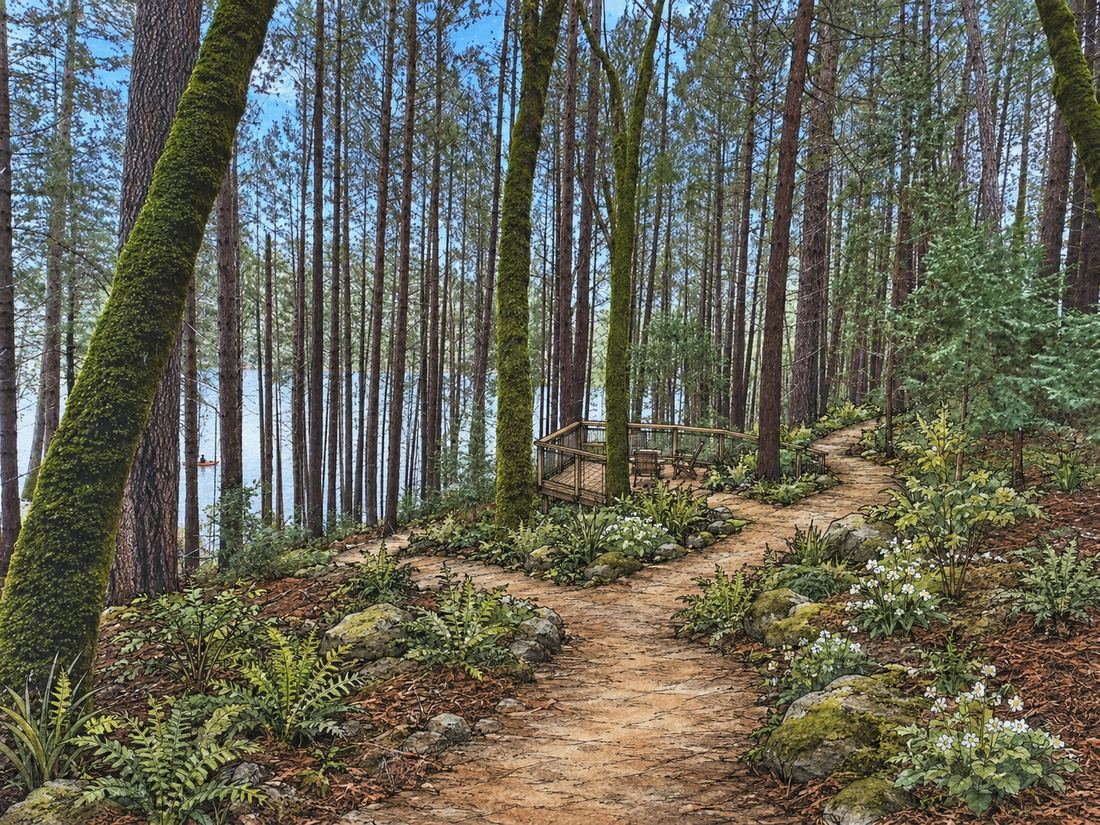 Concept illustration: a footpath through the pines leading to a small railed viewing deck above the lake