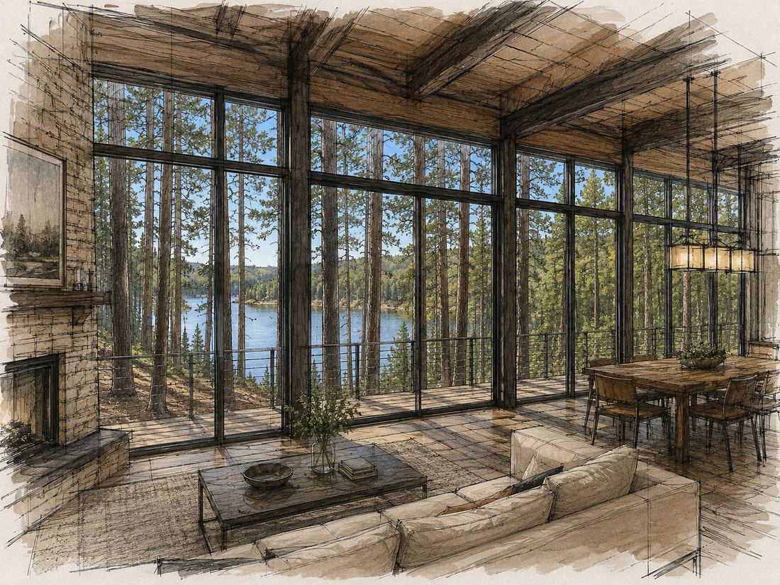 Concept illustration: interior of a great room with a stone fireplace and floor-to-ceiling glass looking through pines to the lake