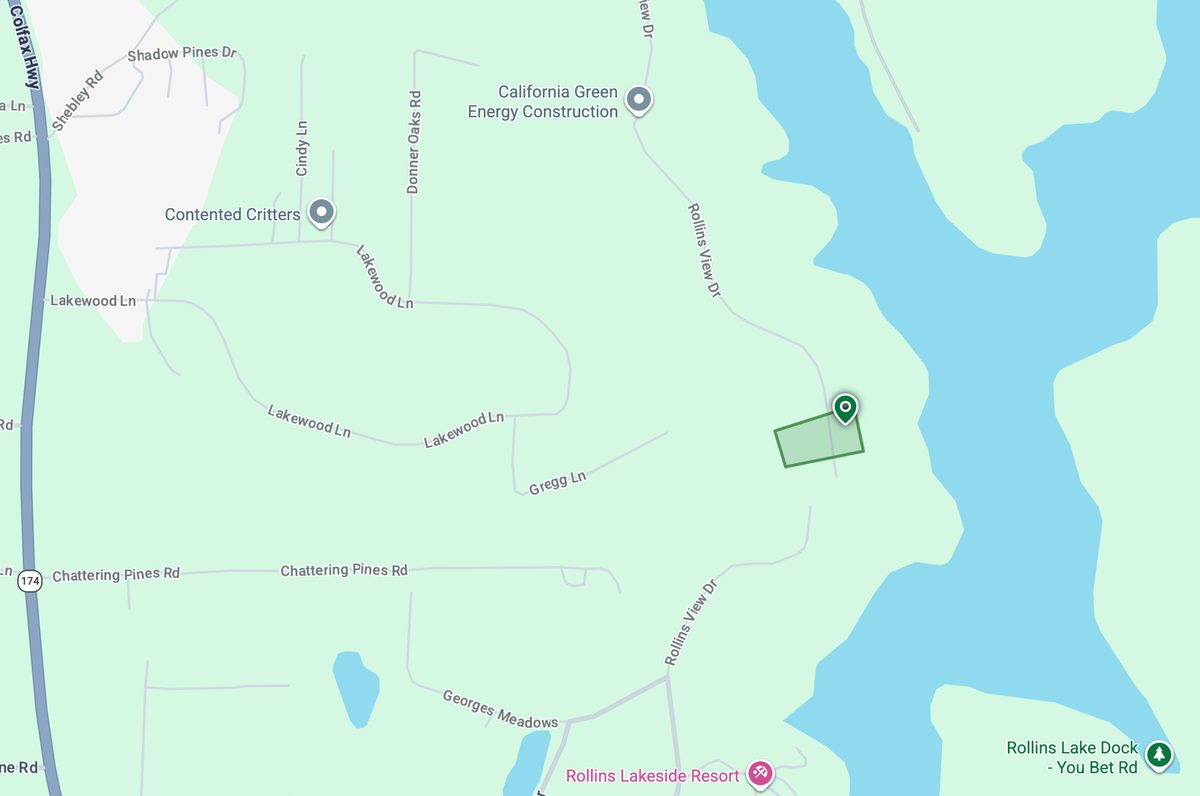 Locator map showing the parcel beside Rollins Lake off Highway 174